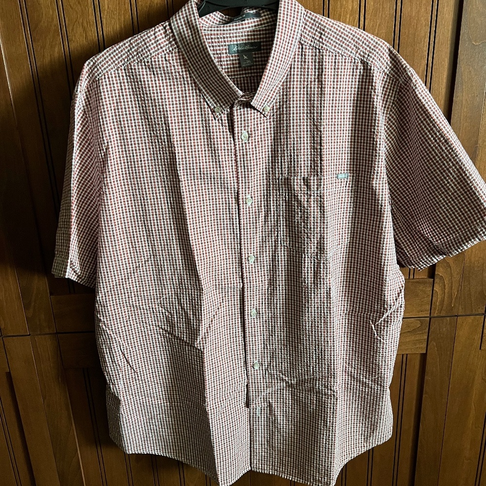 Eddie Bauer Red Mini Plaid Seersucker Short Sleeve Shirt Size 2XL